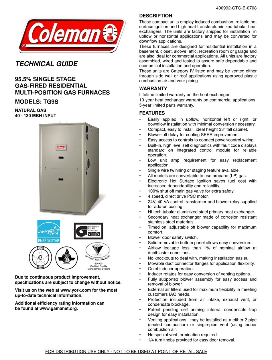 COLEMAN TG9S TECHNICAL MANUAL Pdf Download | ManualsLib