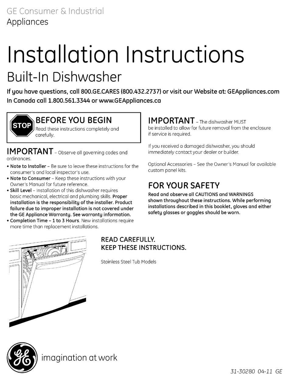 How To Install A Ge Dishwasher GE CDWT9 - CAFE 24 IN. DISHWASHER INSTALLATION INSTRUCTIONS MANUAL Pdf  Download | ManualsLib