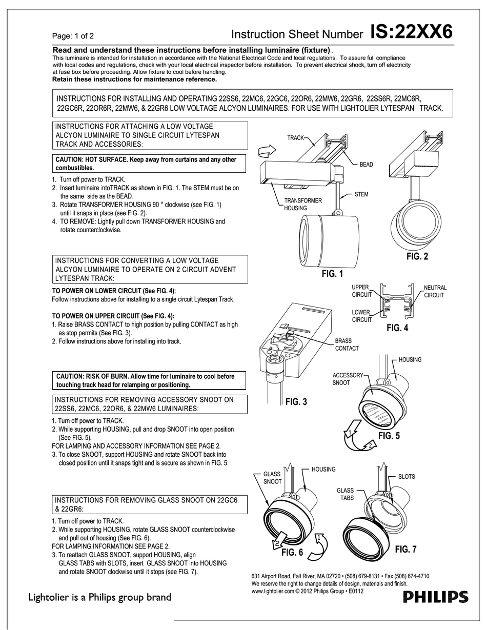 LIGHTOLIER 22XX6 SERIES INSTALLATION AND OPERATING INSTRUCTIONS Pdf