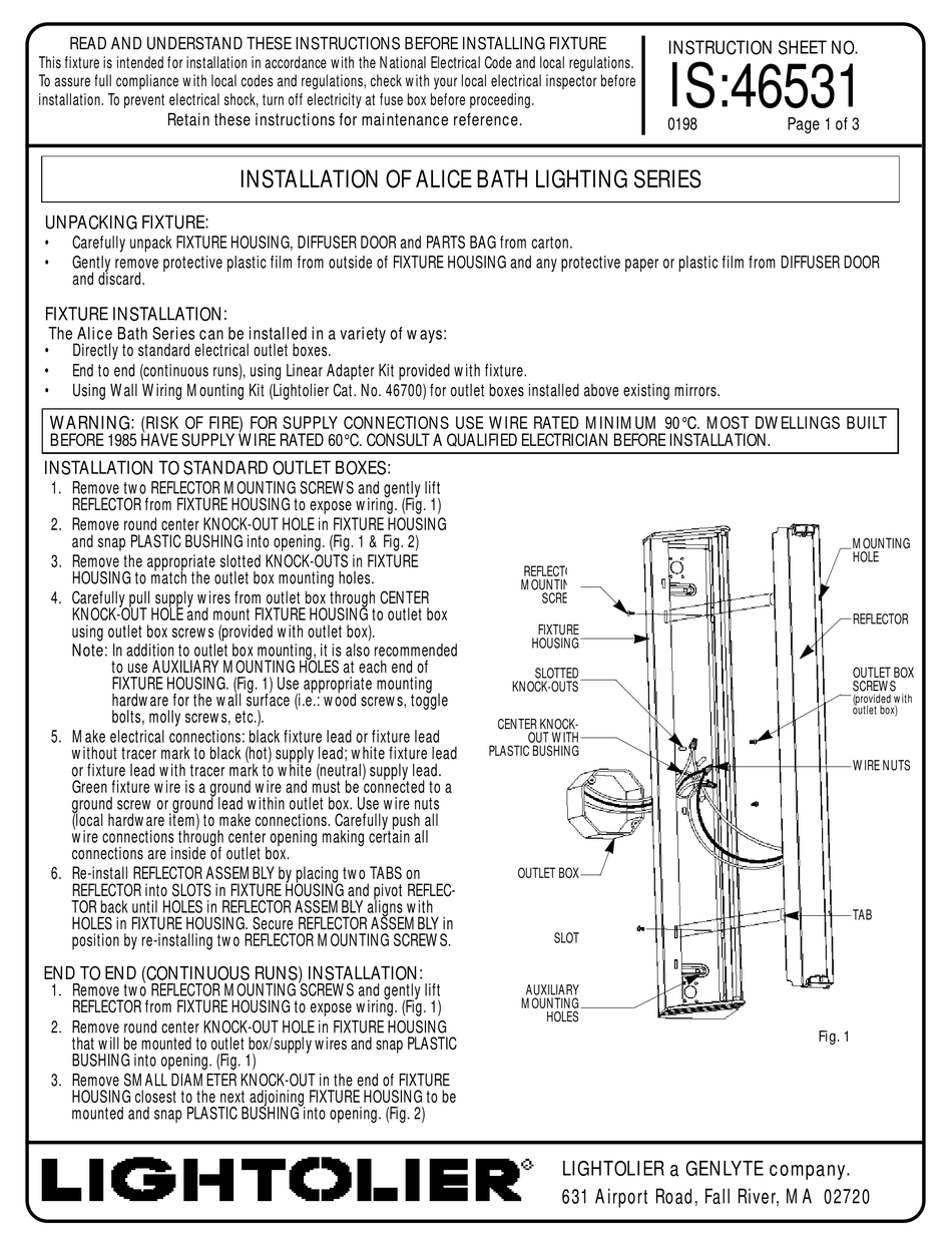 LIGHTOLIER FIXTURE INSTRUCTIONS FOR INSTALLATION AND USE Pdf Download