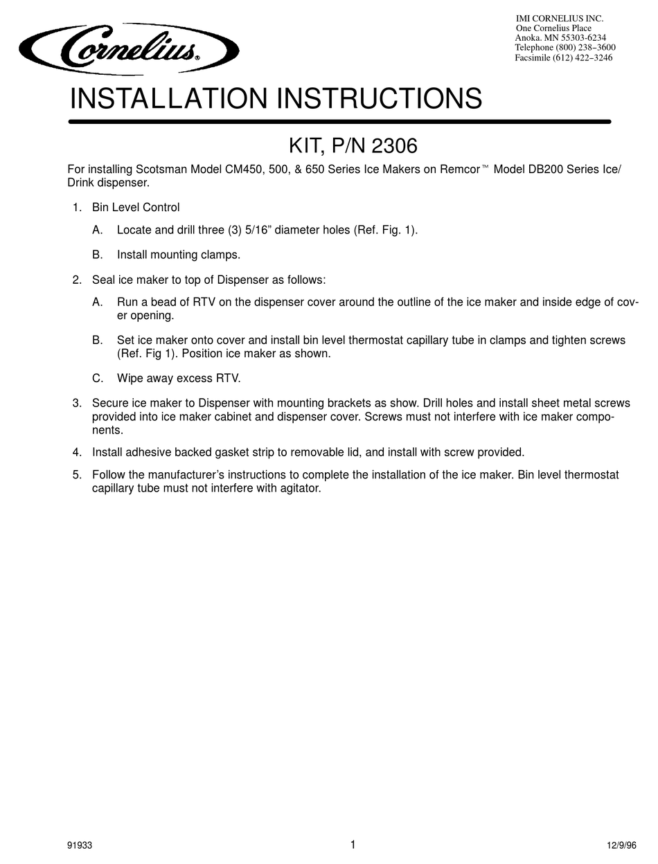 CORNELIUS 2306 INSTALLATION INSTRUCTIONS Pdf Download ManualsLib