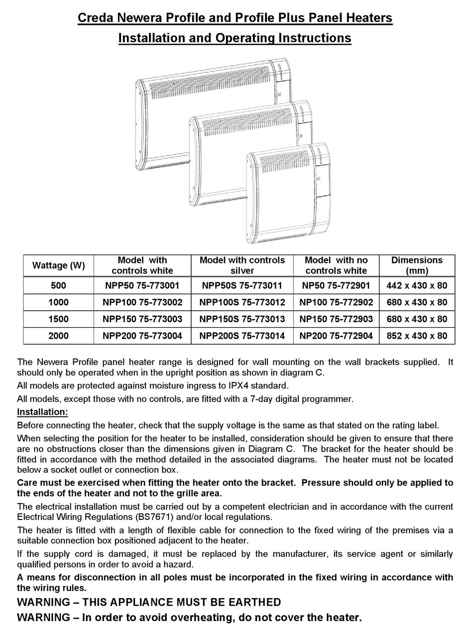 CREDA NEWERA NP100 75772902 INSTALLATION AND OPERATING INSTRUCTIONS
