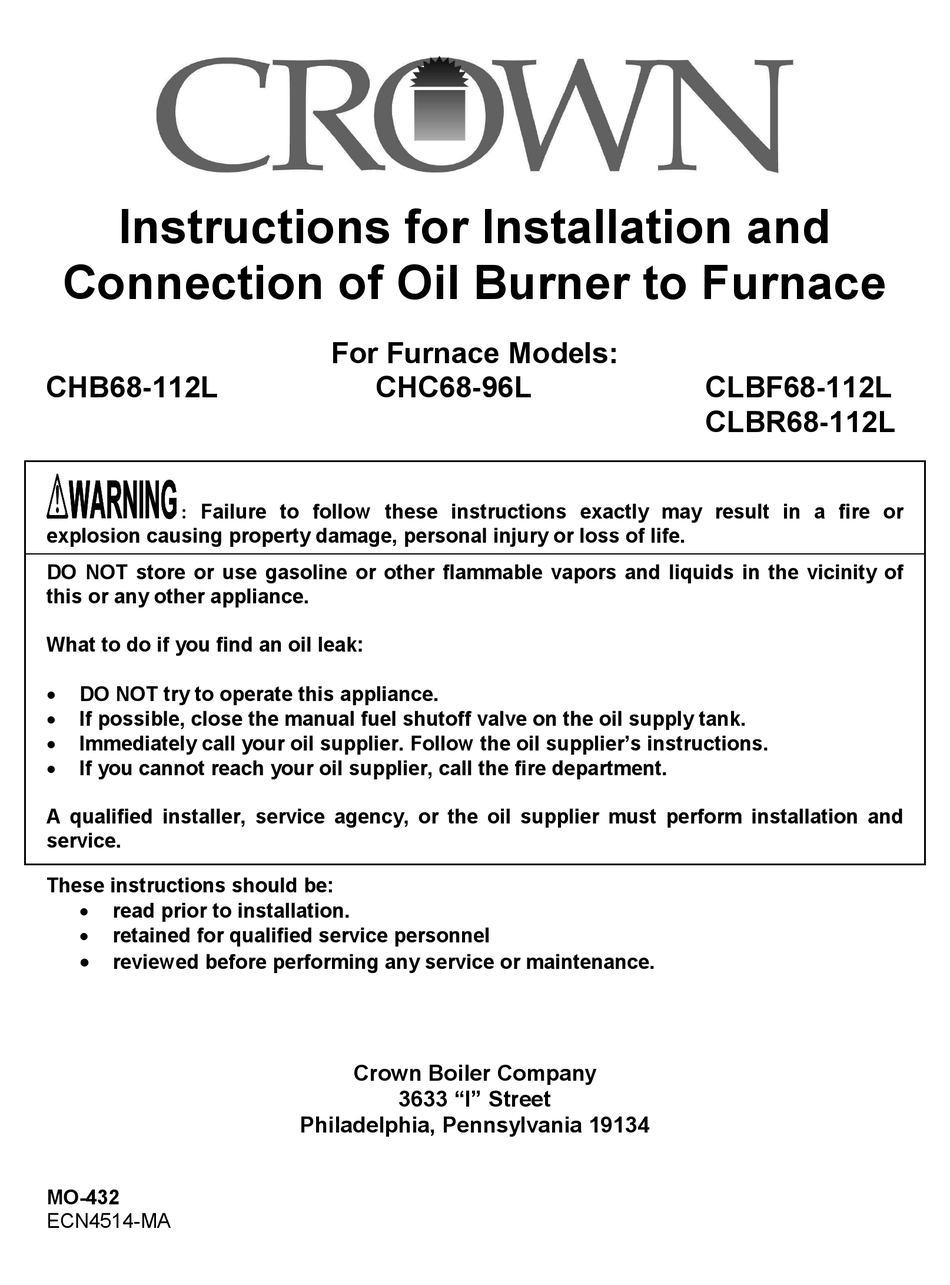 CROWN BOILER CHB68112L INSTRUCTIONS FOR INSTALLATION AND CONNECTION