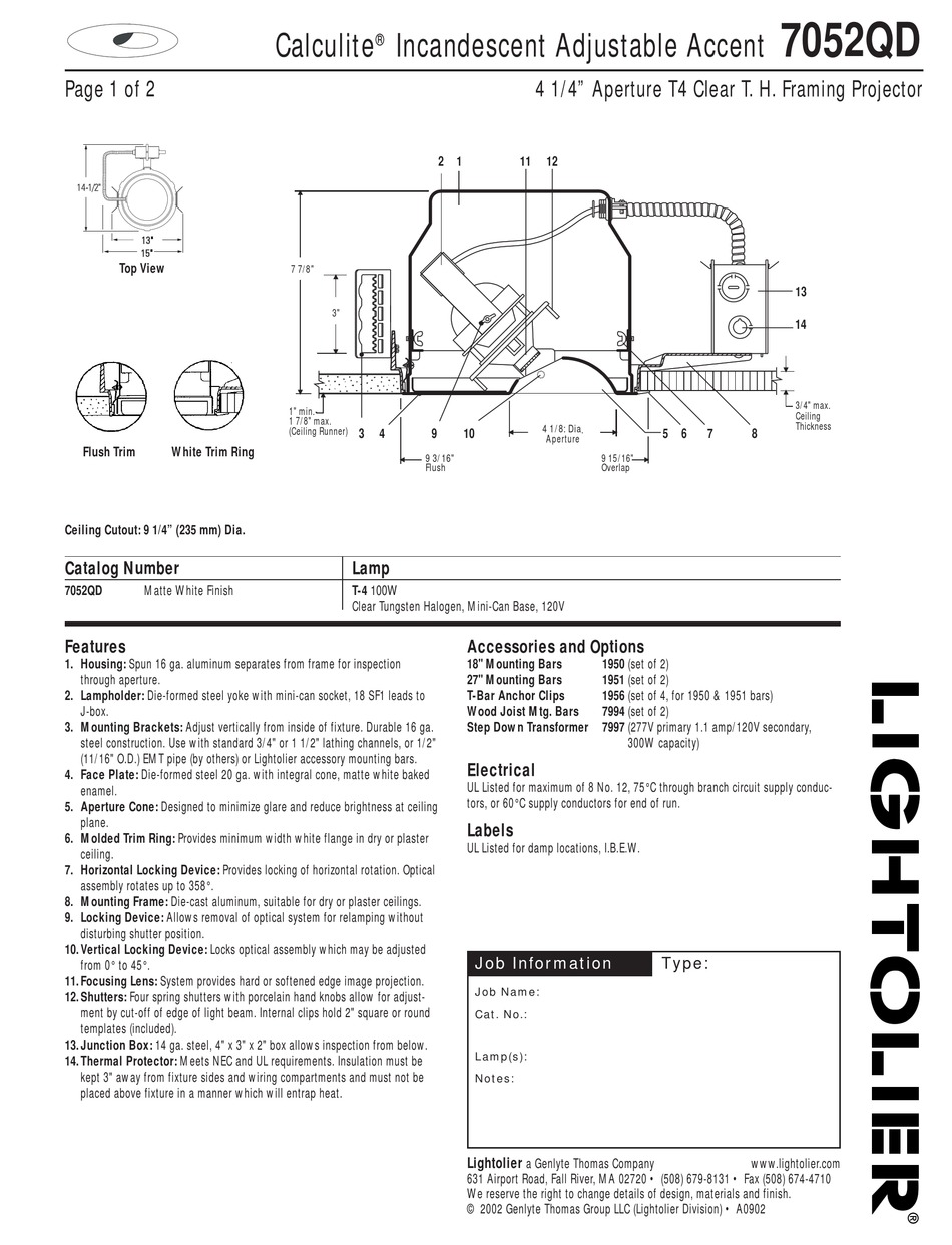 LIGHTOLIER CALCULITE 7052QD SPECIFICATION Pdf Download | ManualsLib