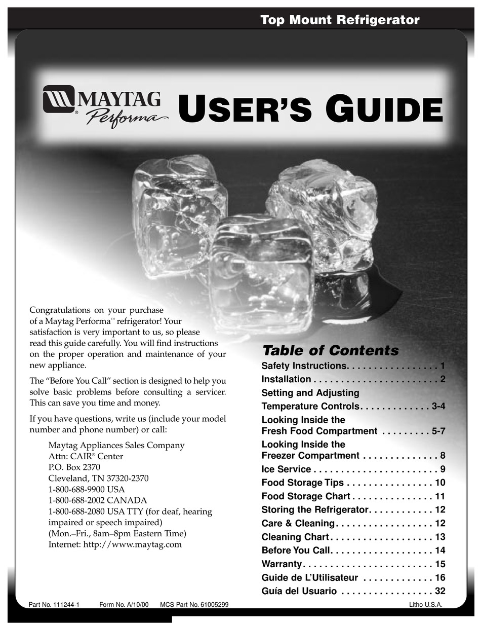 MAYTAG PERFORMA REFRIGERATOR USER MANUAL Pdf Download | ManualsLib