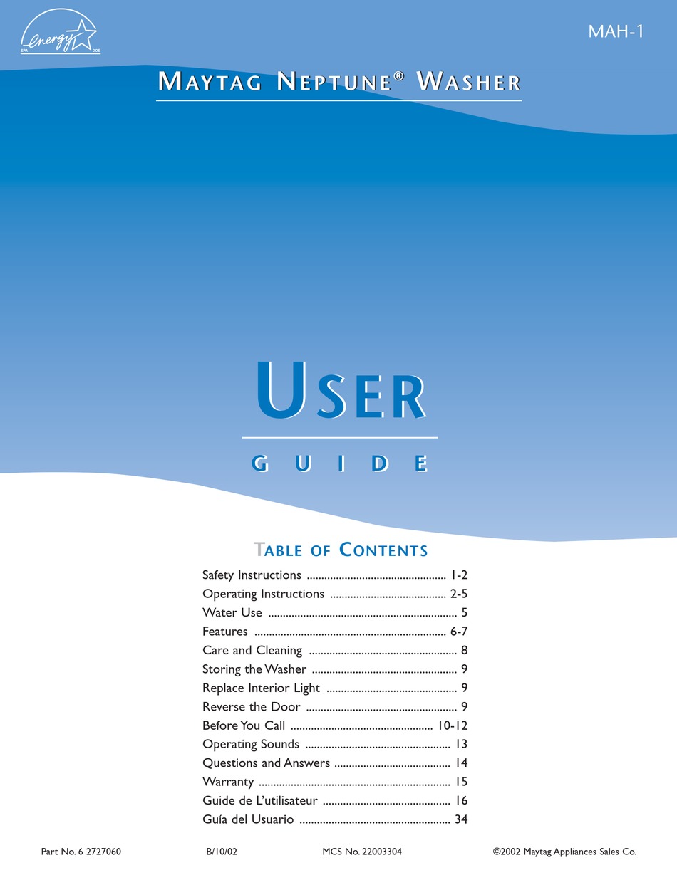 MAYTAG NEPTUNE MAH1 USER MANUAL Pdf Download ManualsLib