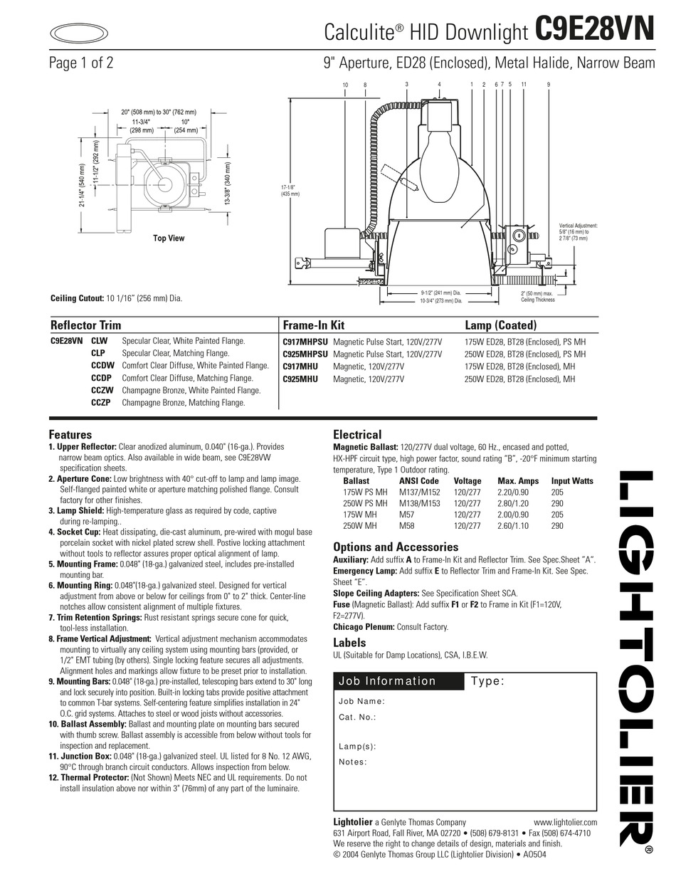 LIGHTOLIER CALCULITE C9E28VN SPECIFICATION Pdf Download | ManualsLib