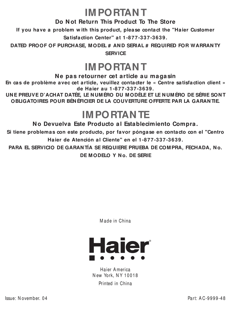 HAIER HPM09XC5 - PORTABLE AIR CONDITIONER USER MANUAL Pdf Download