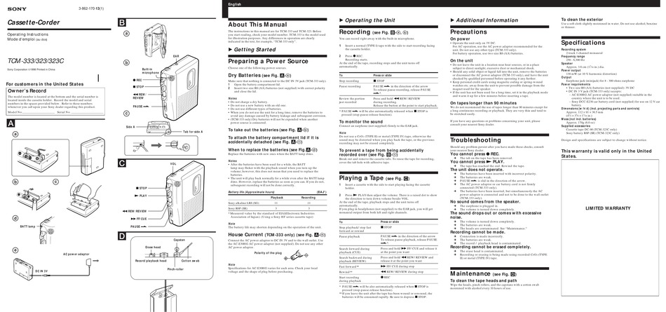 SONY TCM-333 OPERATING INSTRUCTIONS Pdf Download | ManualsLib