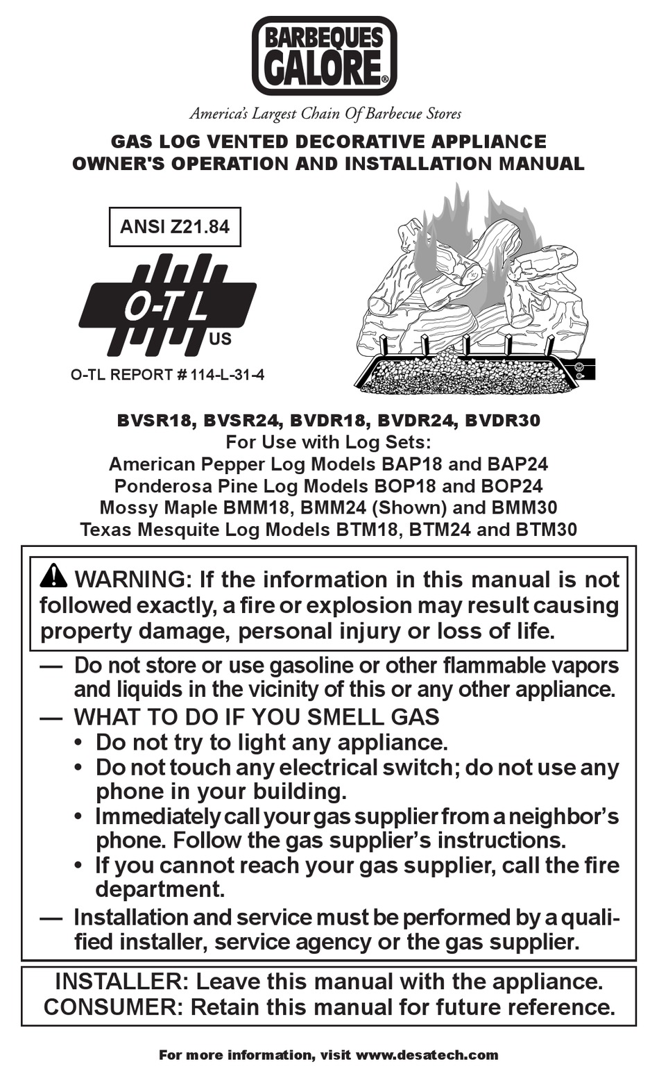 BARBEQUES GALORE BVDR18 OWNER'S OPERATION AND INSTALLATION MANUAL Pdf