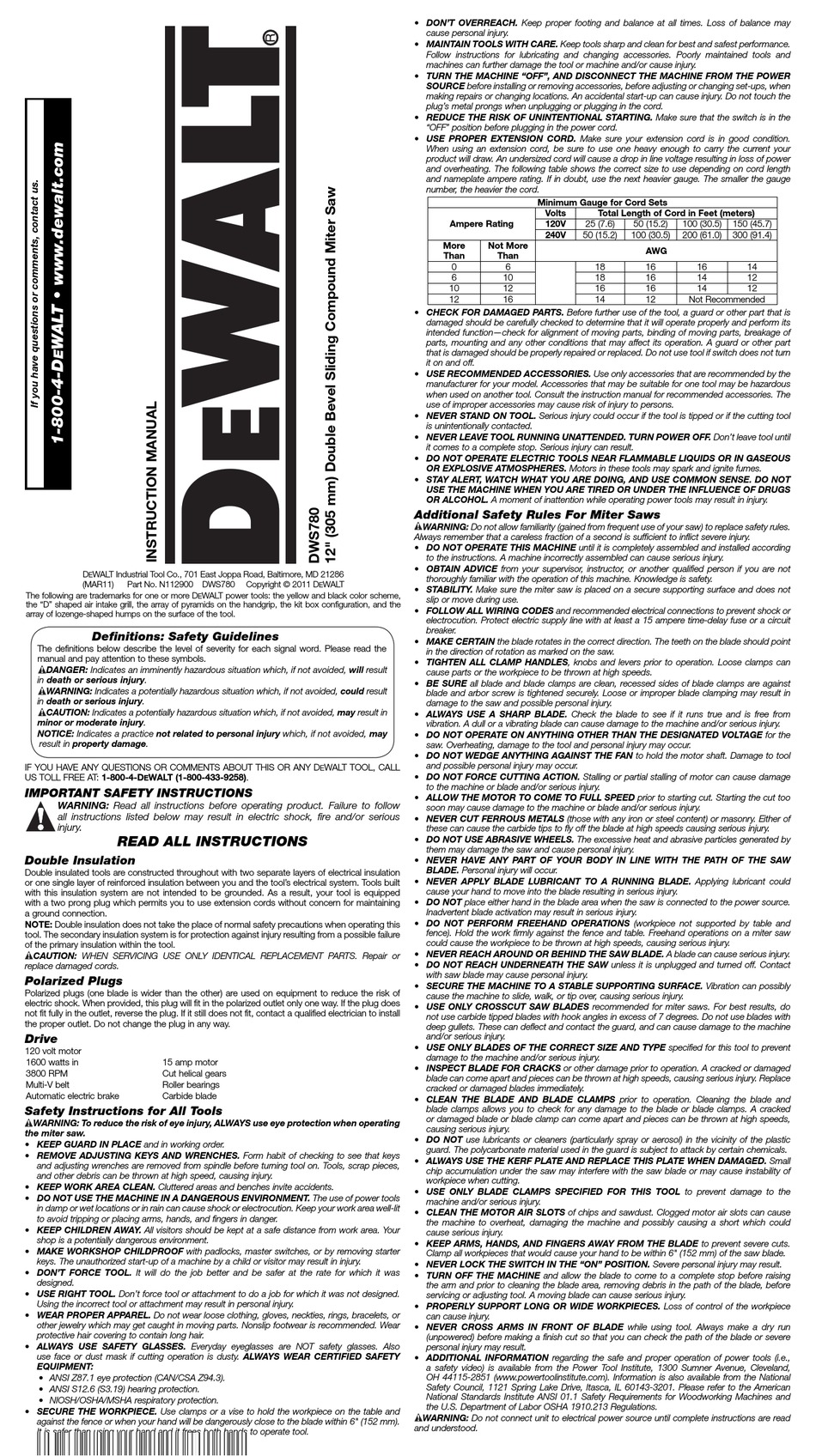 Troubleshooting Guide - DeWalt DWS780 