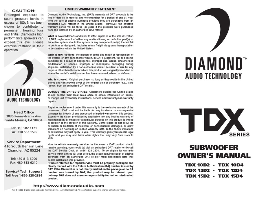 Diamond Audio Technology Tdx 10d2 Owner S Manual Pdf Download Manualslib