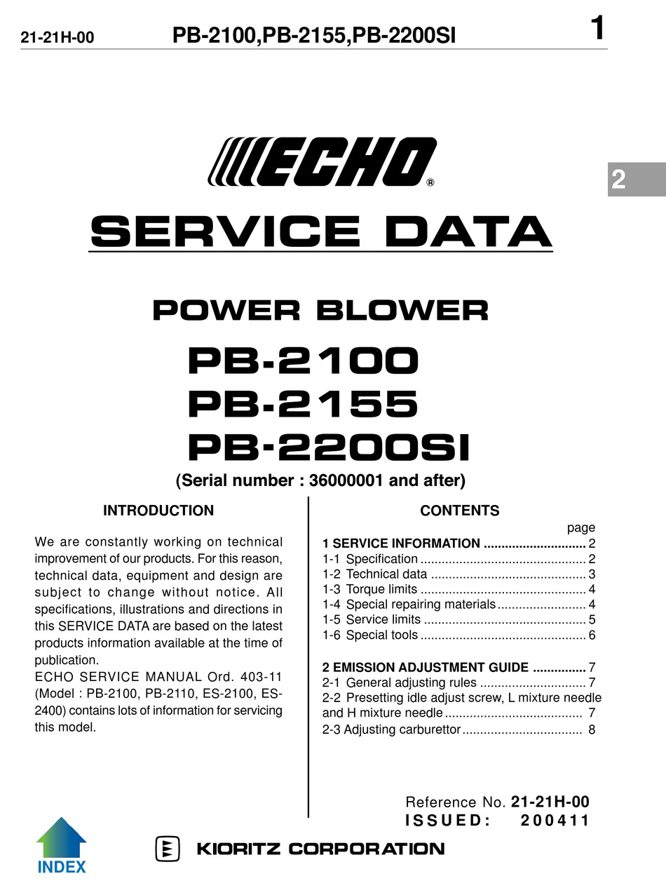 ECHO PB-2100 SERVICE DATA Pdf Download | ManualsLib