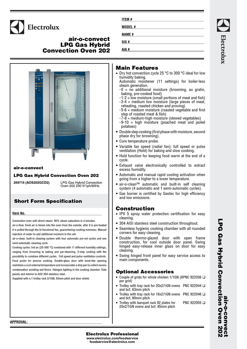 ELECTROLUX AIROCONVECT LPG GAS HYBRID CONVECTION OVEN 202 MANUAL Pdf