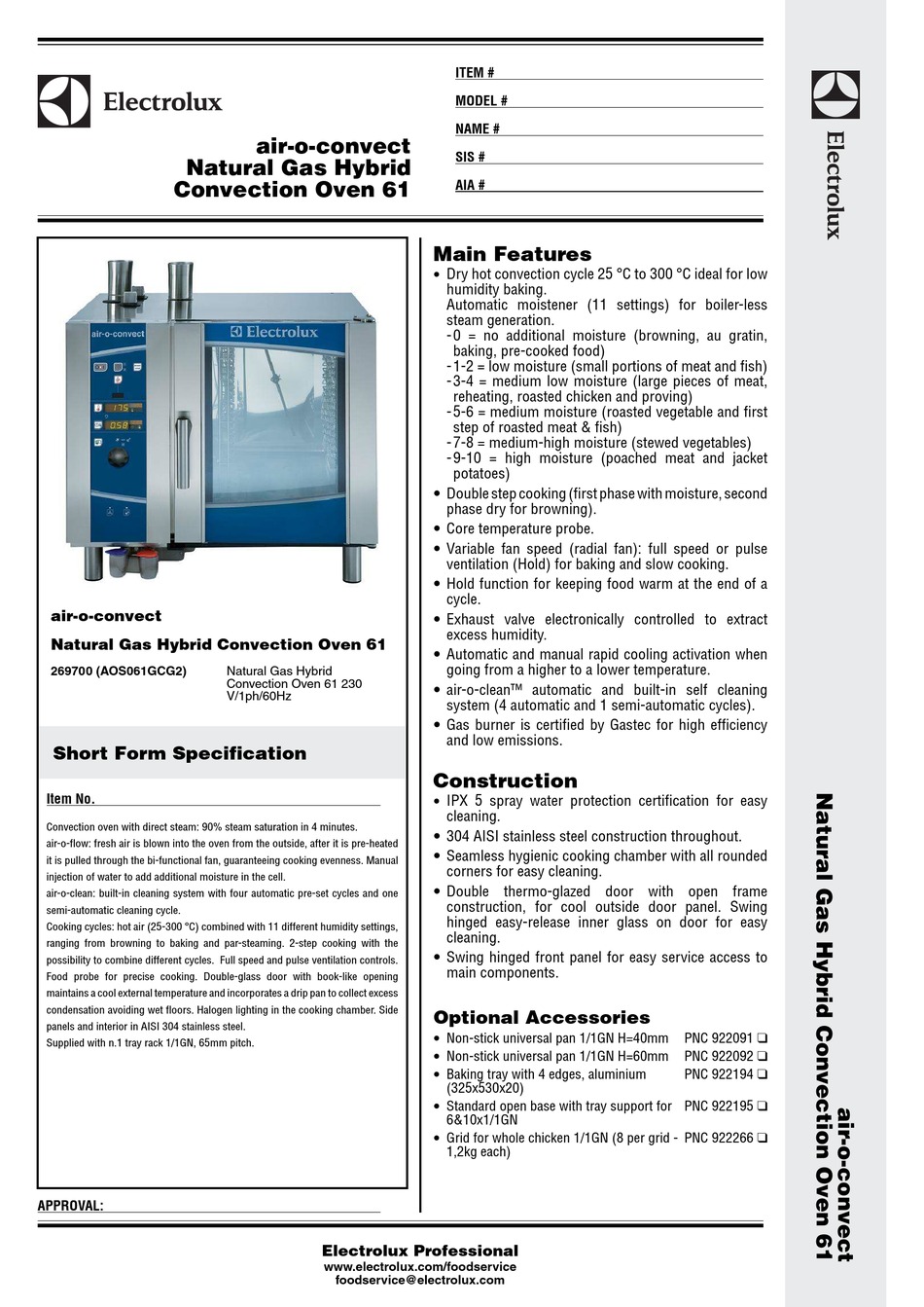 ELECTROLUX AIROCONVECT NATURAL GAS HYBRID CONVECTION OVEN 61 MANUAL