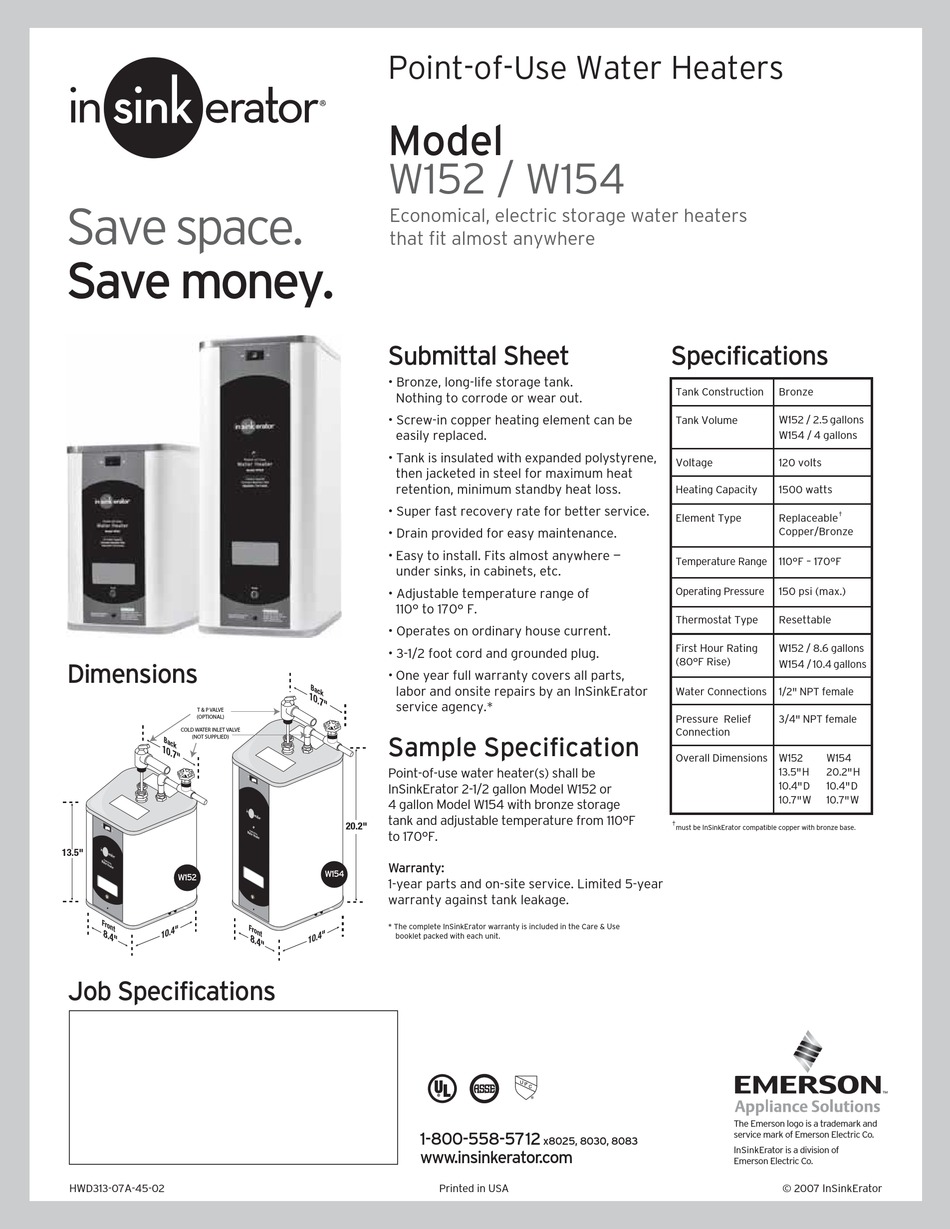 EMERSON W152 SPECIFICATIONS Pdf Download | ManualsLib