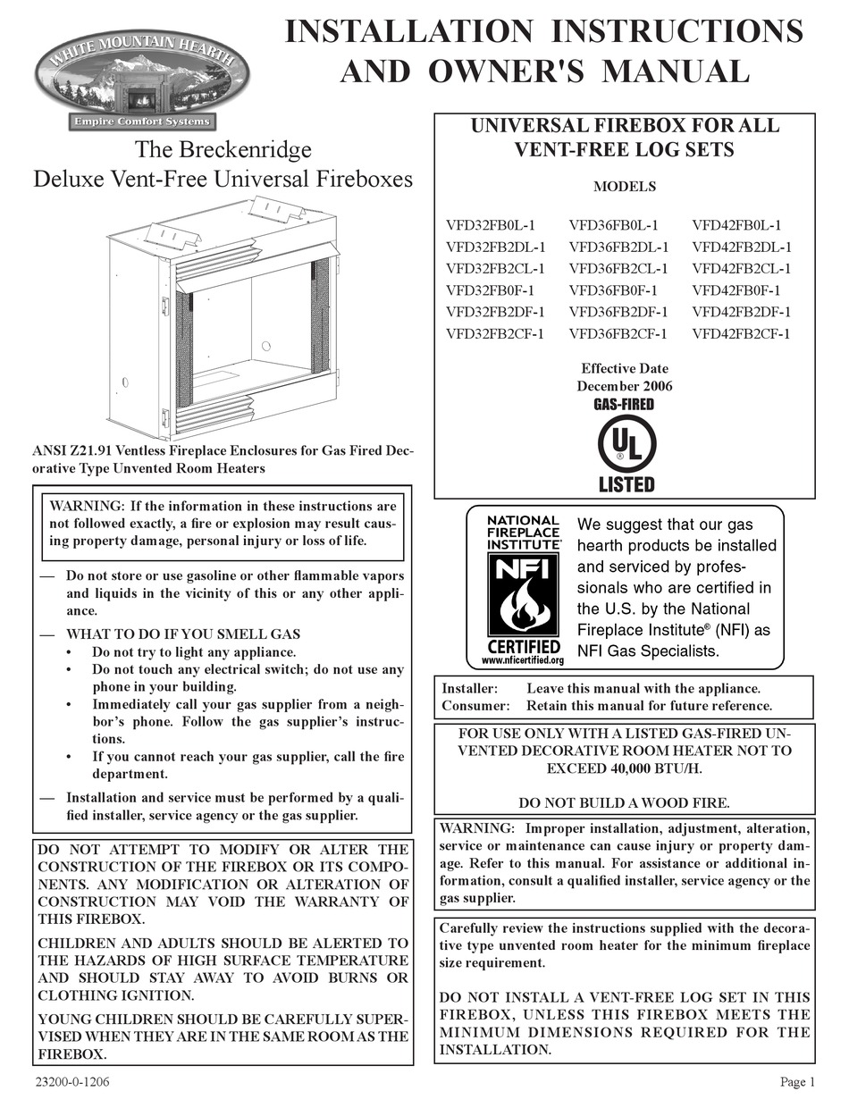 EMPIRE COMFORT SYSTEMS VFD32FB0L-1 INSTALLATION INSTRUCTIONS AND OWNER ...