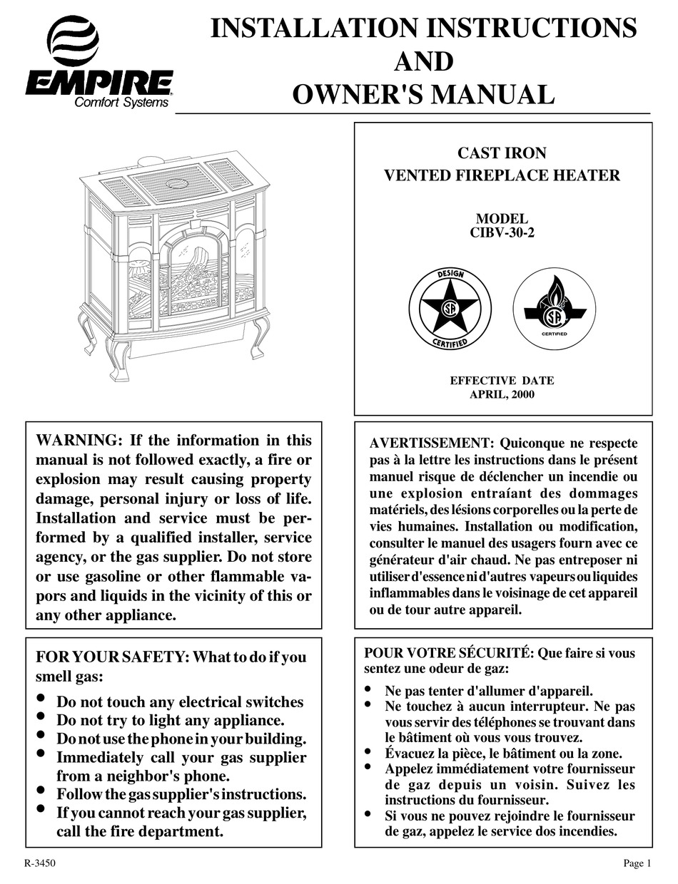 EMPIRE COMFORT SYSTEMS CIBV-30-2 INSTALLATION INSTRUCTIONS AND OWNER'S ...