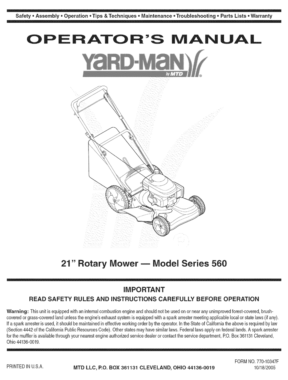 YARD-MAN 560 SERIES OPERATOR'S MANUAL Pdf Download | ManualsLib