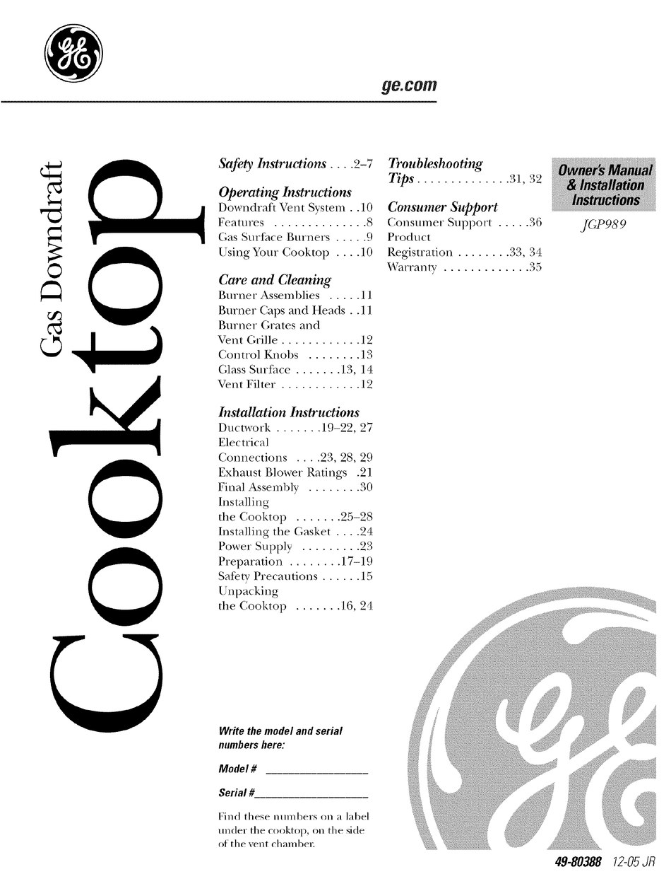 GE JGP989 OWNER'S MANUAL & INSTALLATION INSTRUCTIONS Pdf Download ManualsLib