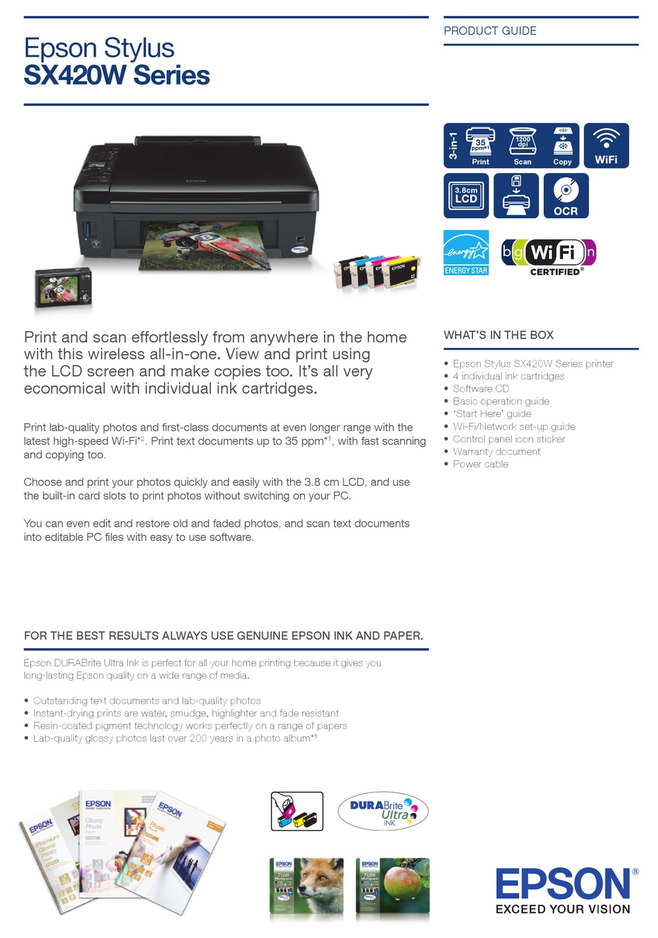 solo ironi nyhed EPSON STYLUS SX420W SERIES PRODUCT MANUAL Pdf Download | ManualsLib