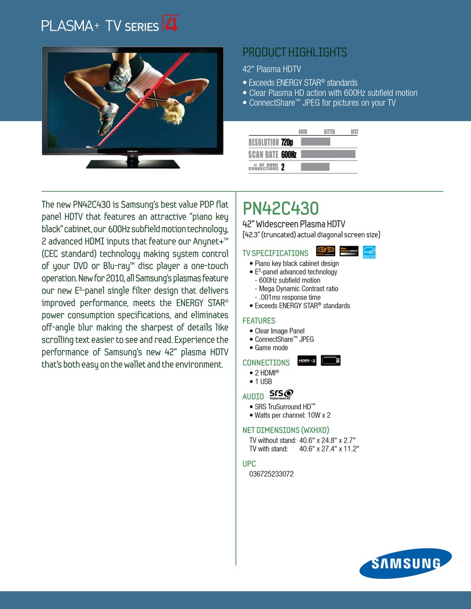 Samsung Pn42c430a1dxza Brochure Pdf Download Manualslib