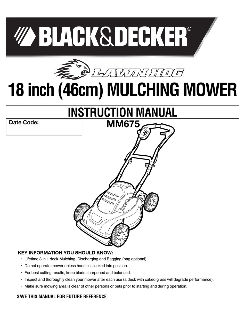 Black and Decker MM675 - 18 Electric LAWNHOG&trade Mulching Mower with  Flip-Over Handle Type 1 