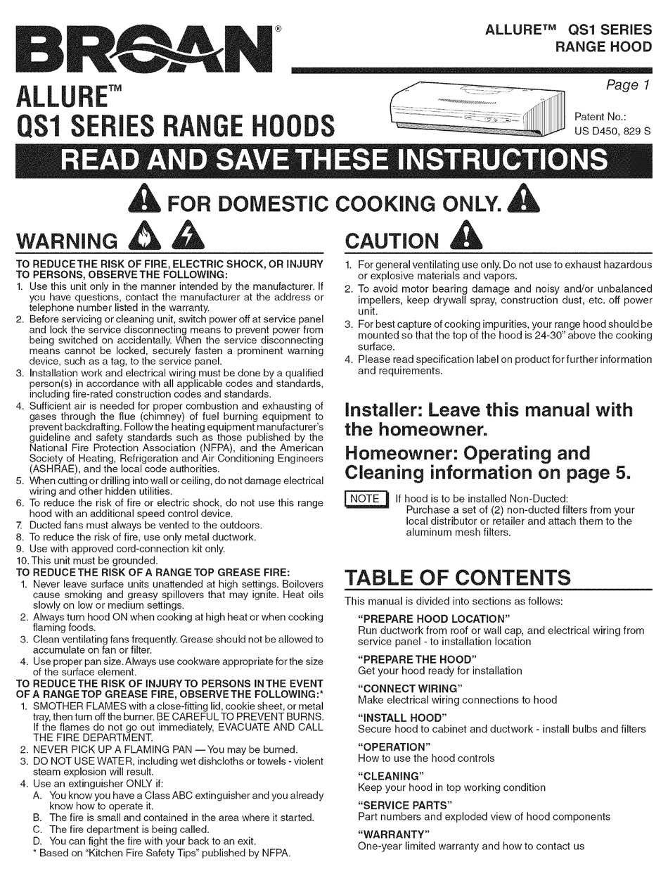 BROAN ALLURE QS1 SERIES INSTRUCTIONS MANUAL Pdf Download ManualsLib