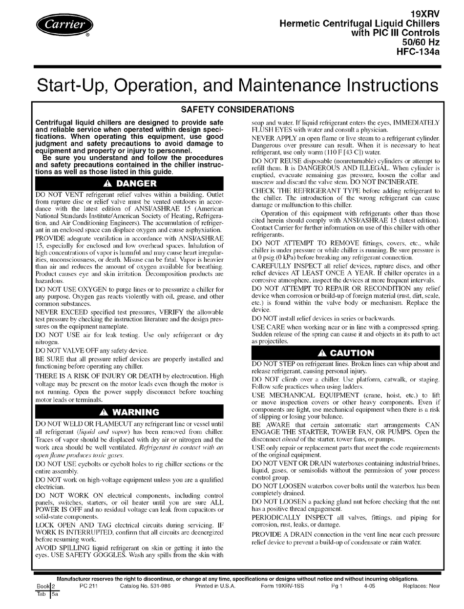 CARRIER 19XRV START-UP, OPERATION AND MAINTENANCE INSTRUCTIONS MANUAL