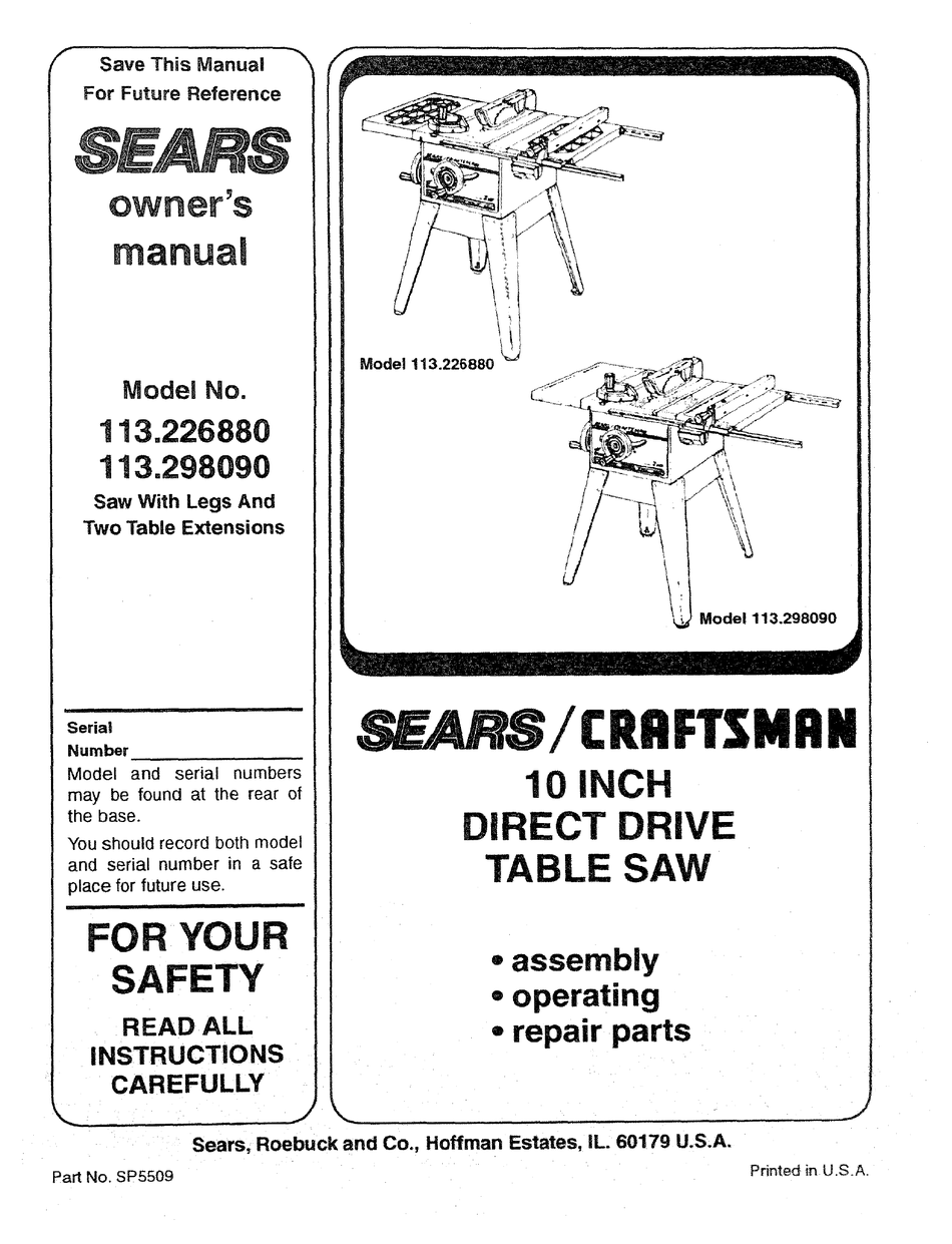 Sears Craftsman Table Saw Manual Model # 113.298032 