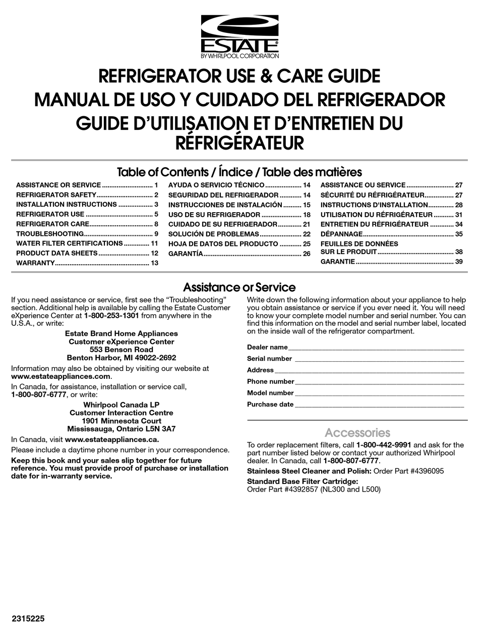 ESTATE REFRIGERATOR REFRIGERATOR USE & CARE MANUAL Pdf Download