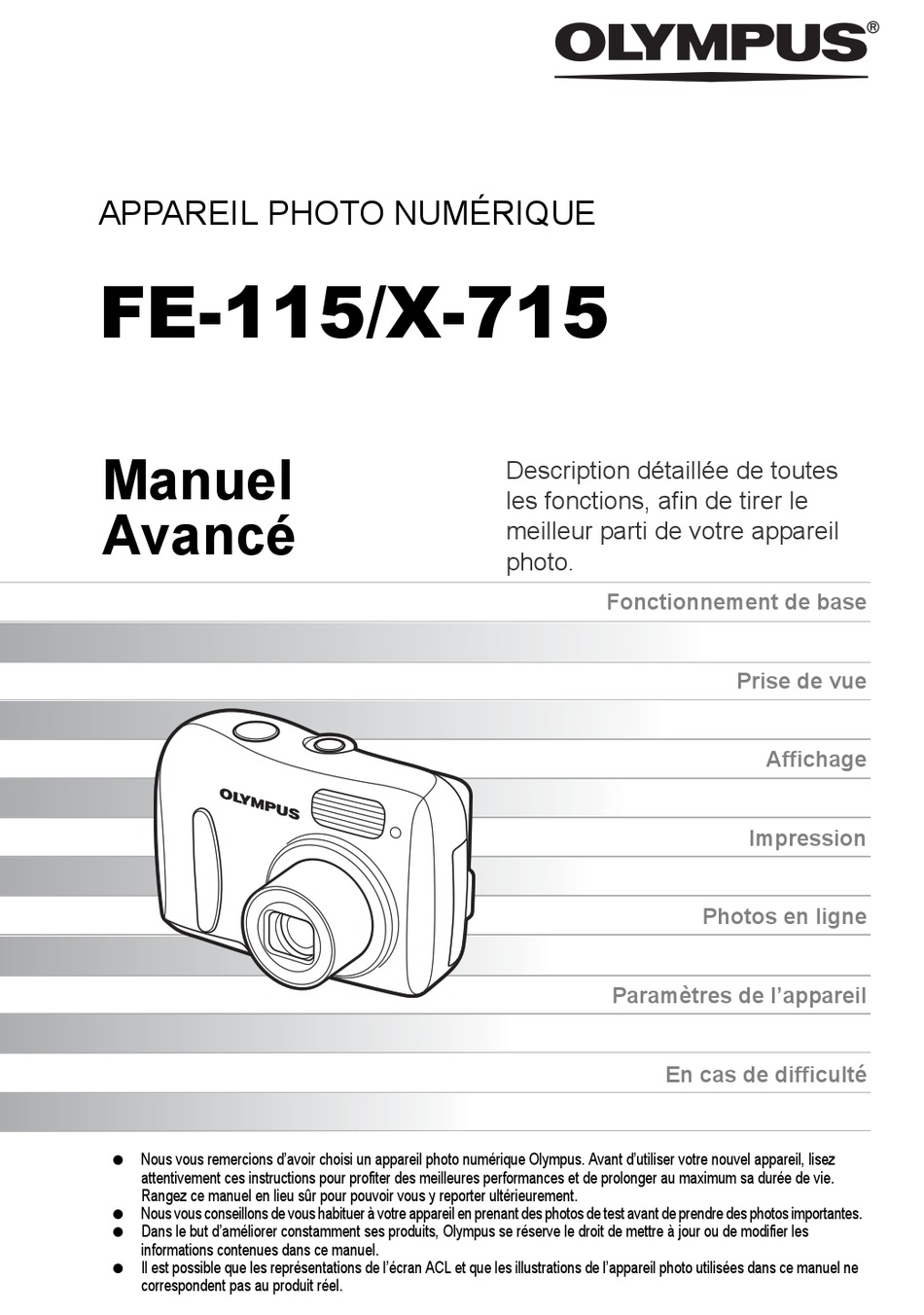 OLYMPUS FE 115 DIGITAL CAMERA 5.0 MEGAPIXEL MANUEL AVANCÉ Pdf