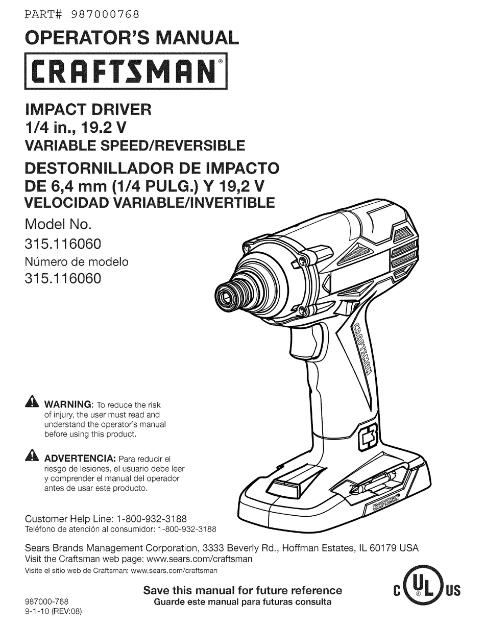 Product Specifications Features Craftsman 315.116060 Operator s