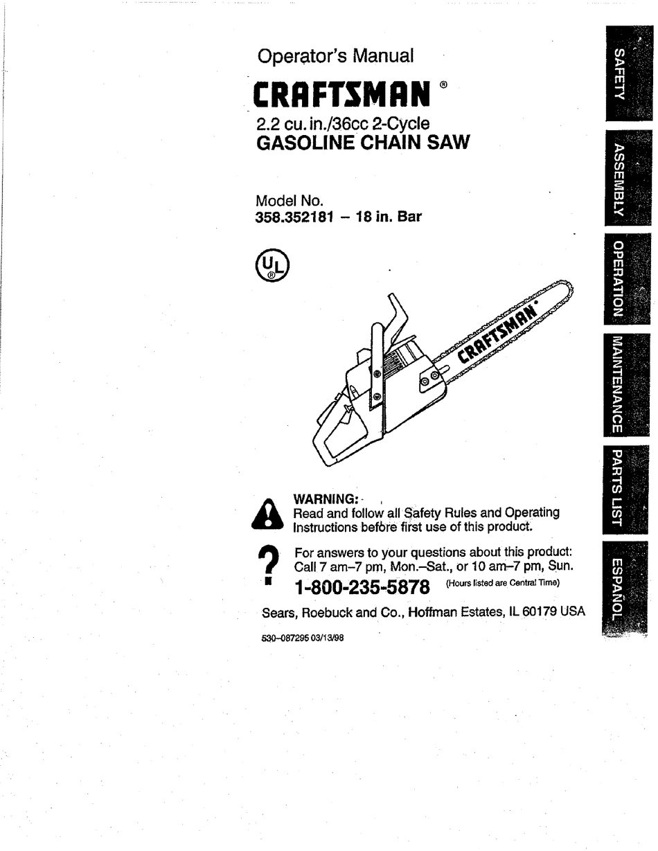 Download CRAFTSMAN 358.352181 OPERATOR'S MANUAL Pdf Download | ManualsLib