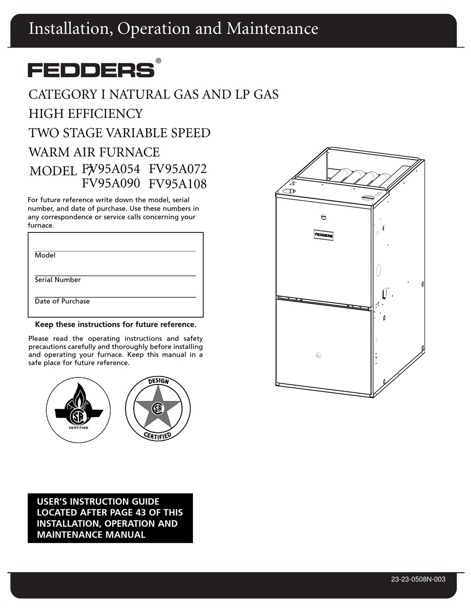 FEDDERS FV95A054 INSTALLATING AND OPERATION MANUAL Pdf Download