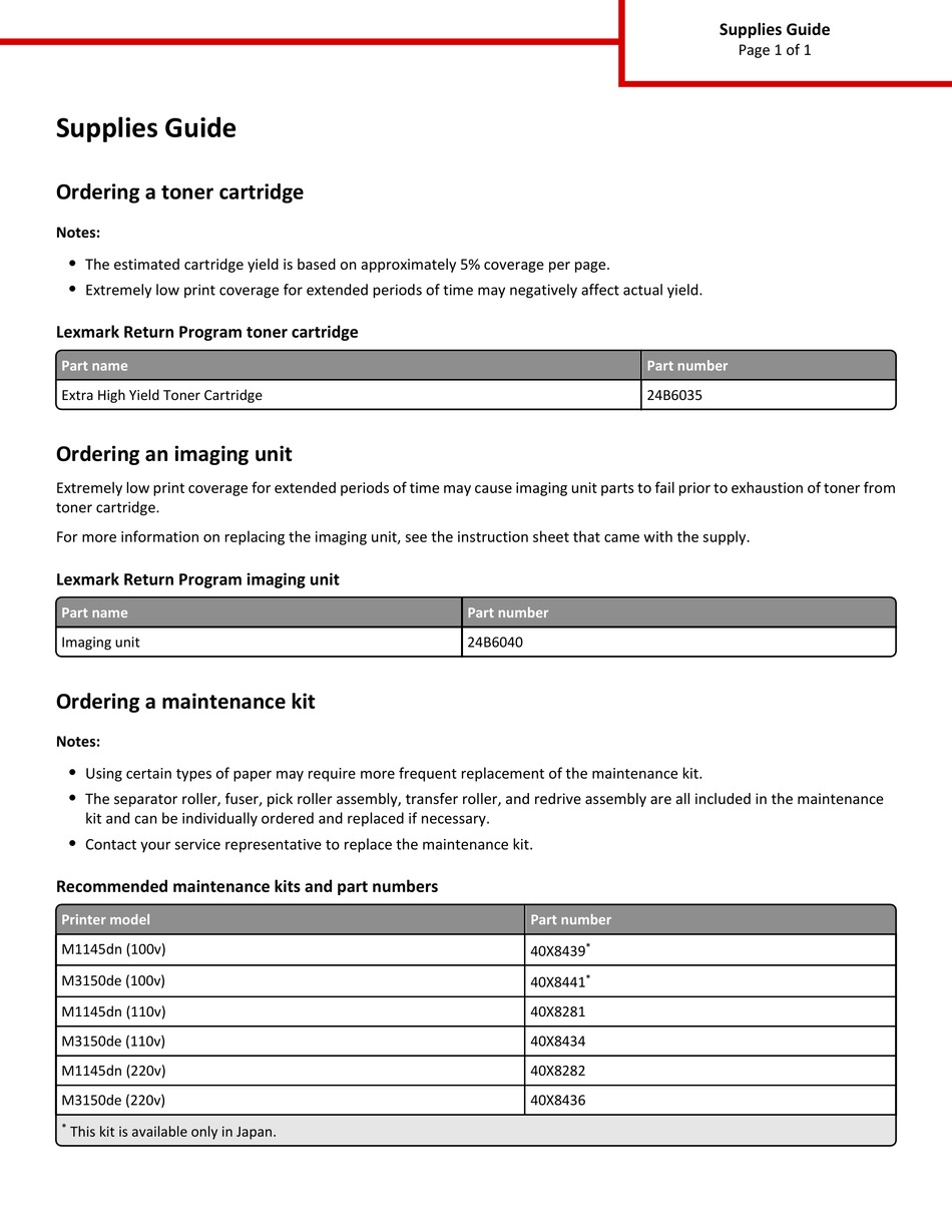 LEXMARK M3150 SUPPLIES MANUAL Pdf Download ManualsLib