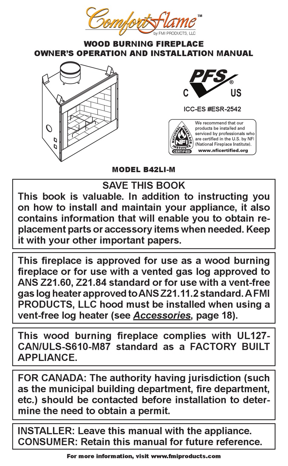 COMFORT FLAME B42LI-M OWNERS MANUAL AND INSTALLATION MANUAL Pdf ...