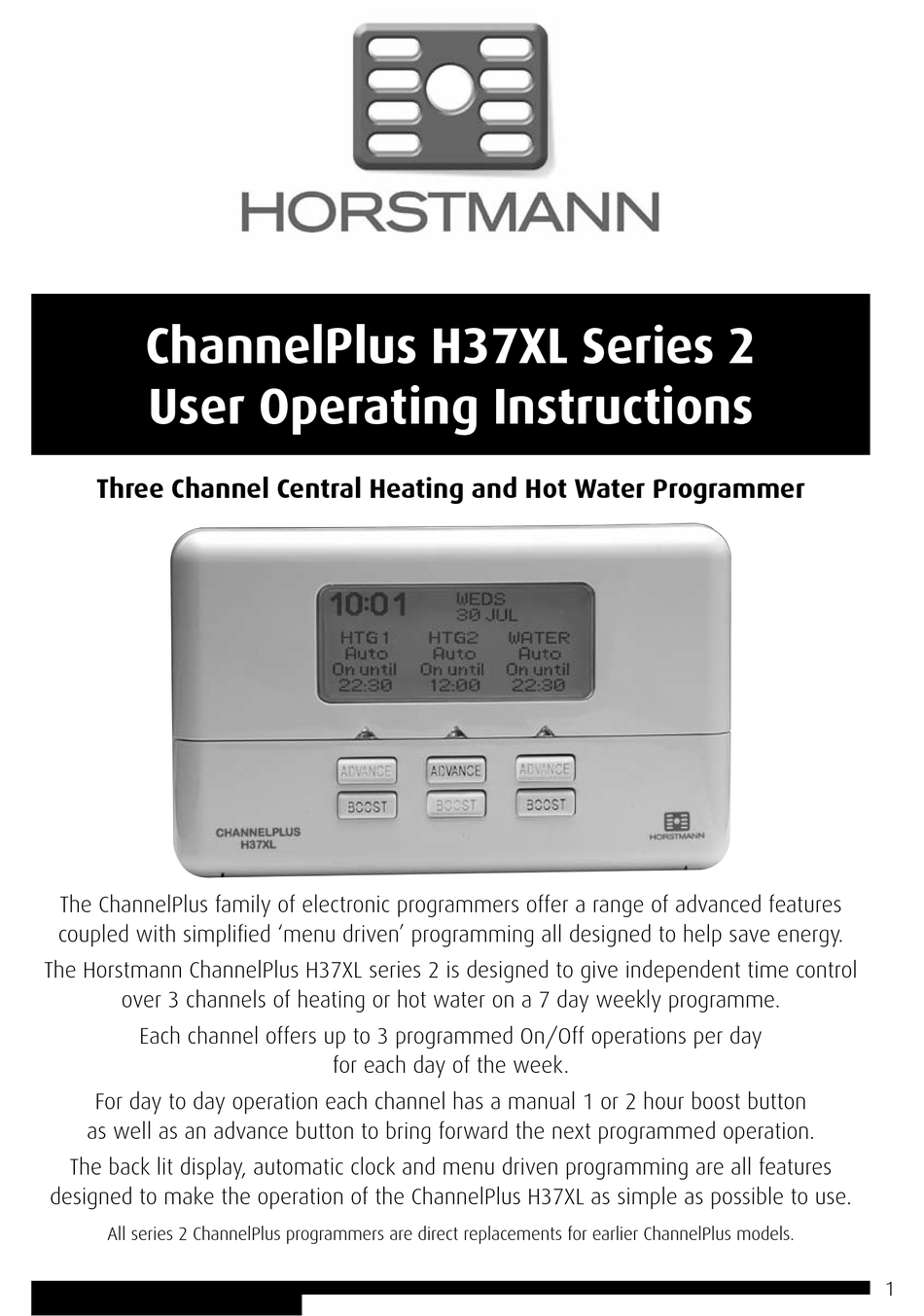 HORSTMANN CHANNELPLUS H37XL SERIES 2 USER OPERATING INSTRUCTIONS MANUAL