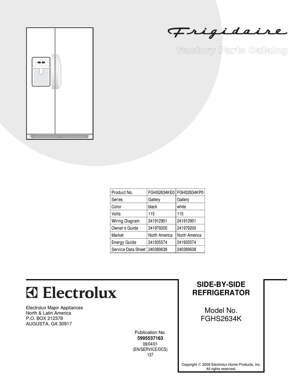 FRIGIDAIRE FGHS2634KP GALLERY 26 CU. FT. REFRIGERATOR SERVICE DATA