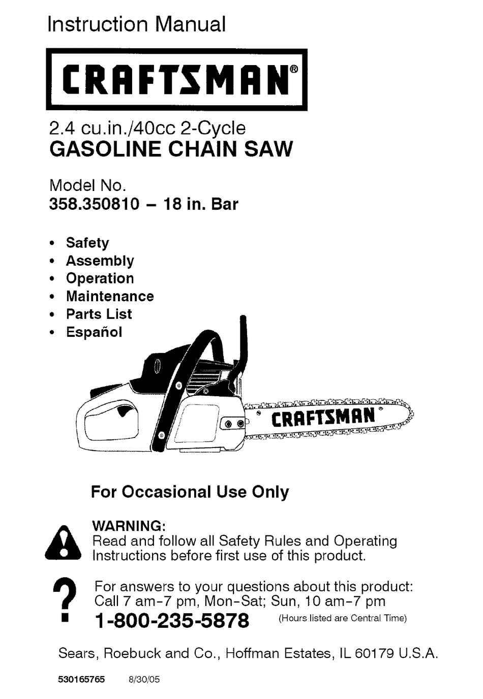 CRAFTSMAN 358.350810 INSTRUCTION MANUAL Pdf Download | ManualsLib