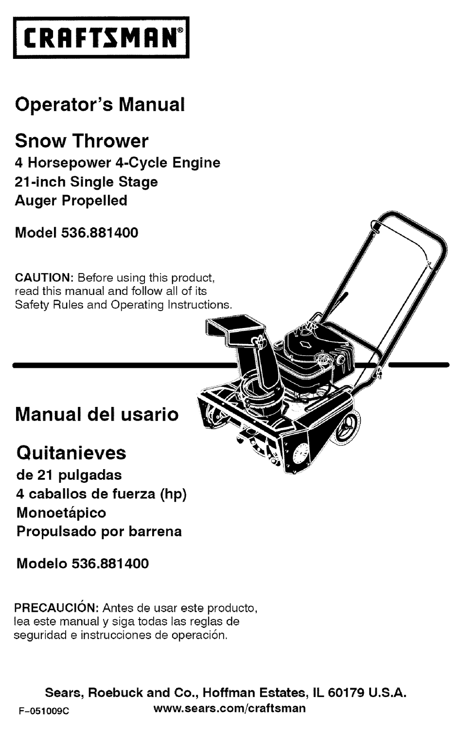 Instruction Book − Snowthrower Model 621401x54NB Manuel de l