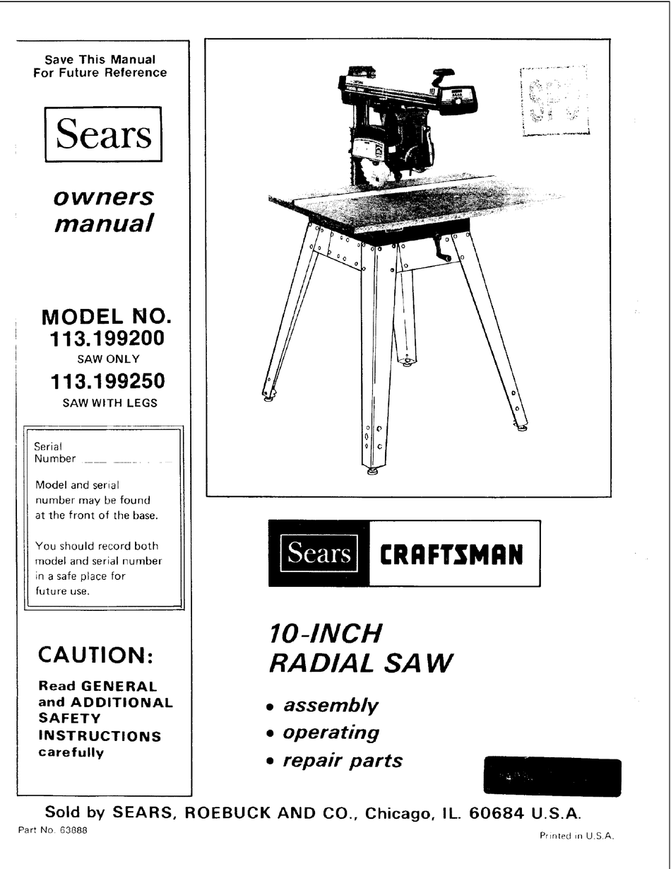 Sears Craftsman 113 199200 Owner S Manual Pdf Download Manualslib