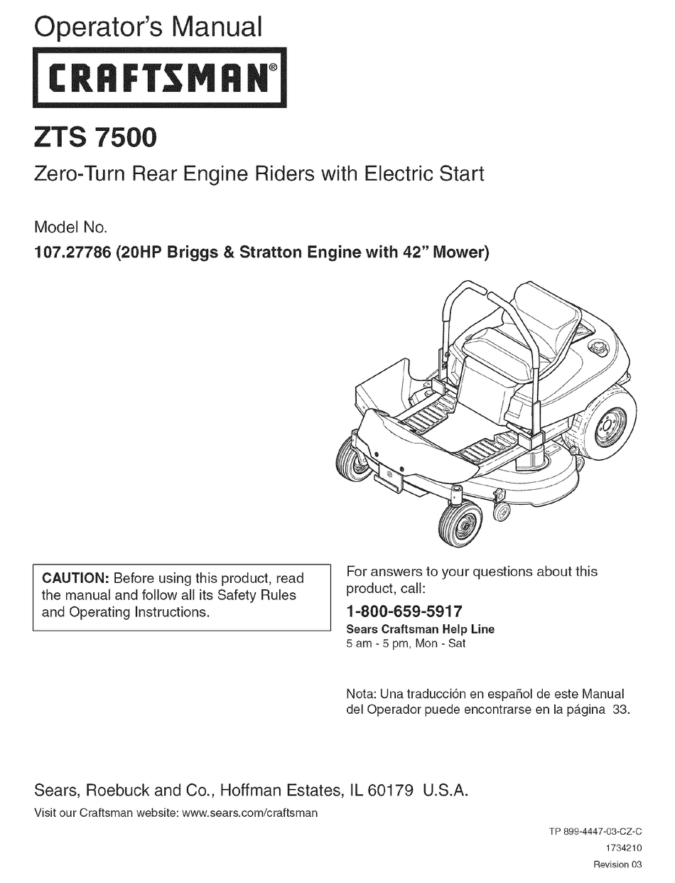 CRAFTSMAN ZTS 7500 OPERATOR'S MANUAL Pdf Download | ManualsLib