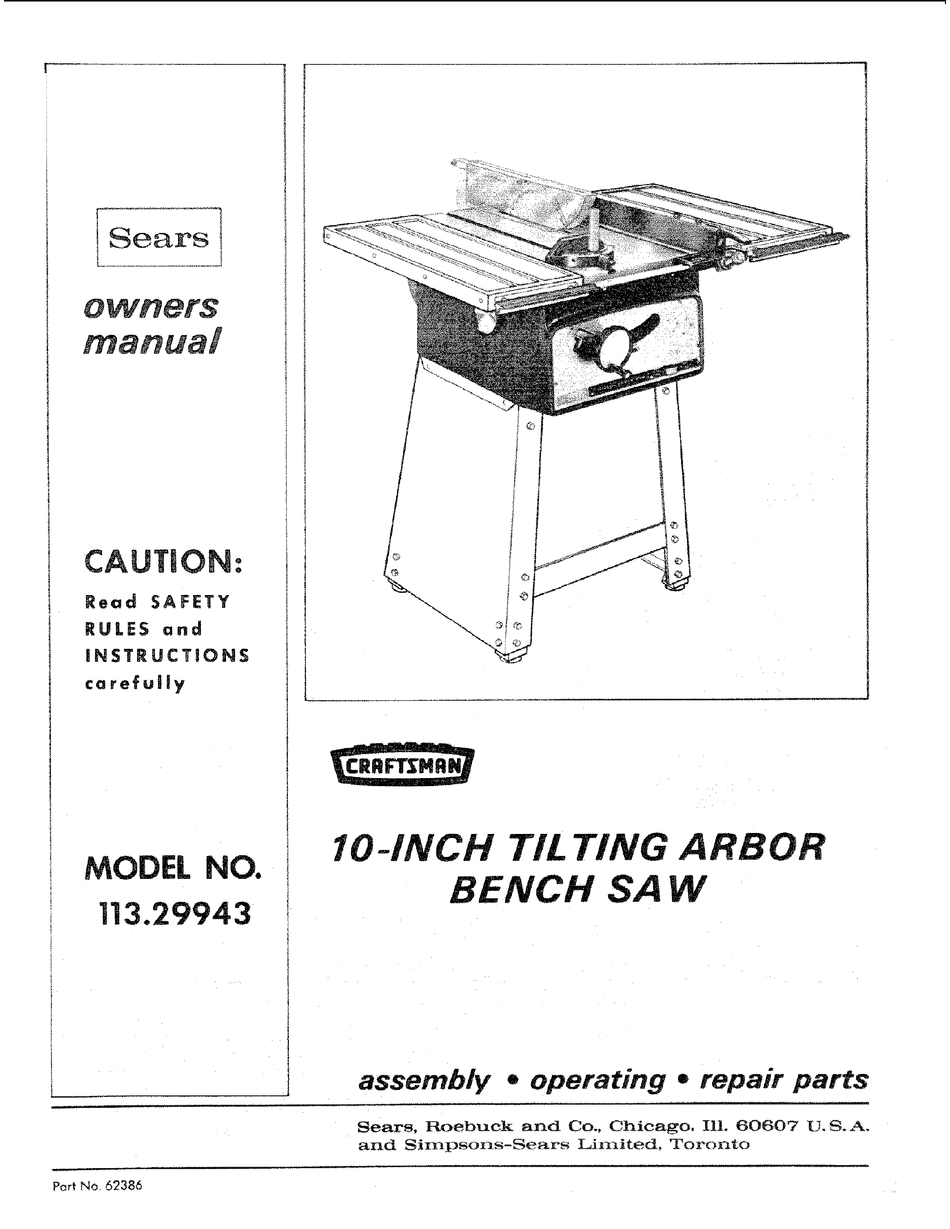 Sears Craftsman  Table Saw Manual No.113.299040 