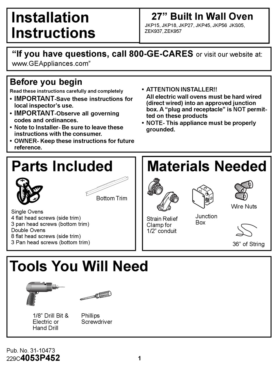 GE JKP15 INSTALLATION INSTRUCTIONS MANUAL Pdf Download ManualsLib