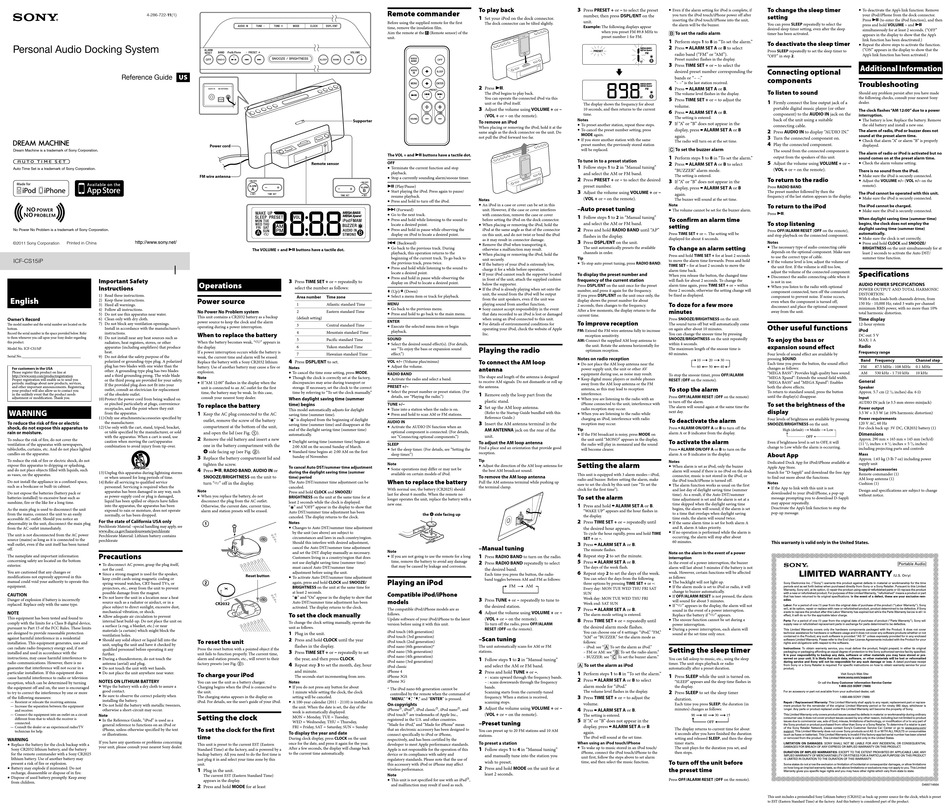 SONY DREAM MACHINE ICFCS15IP REFERENCE MANUAL Pdf Download ManualsLib