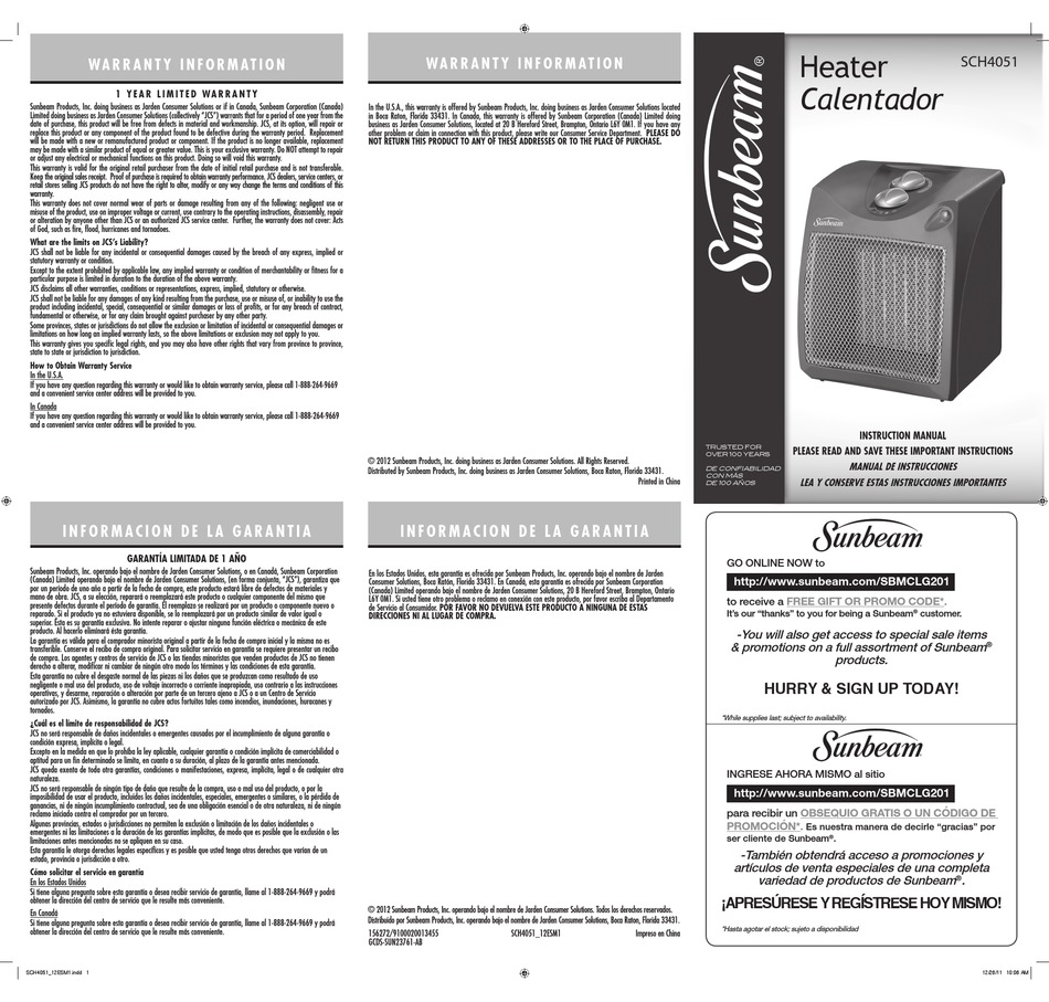 SUNBEAM CALENTADOR SCH4051 INSTRUCTION MANUAL Pdf Download | ManualsLib