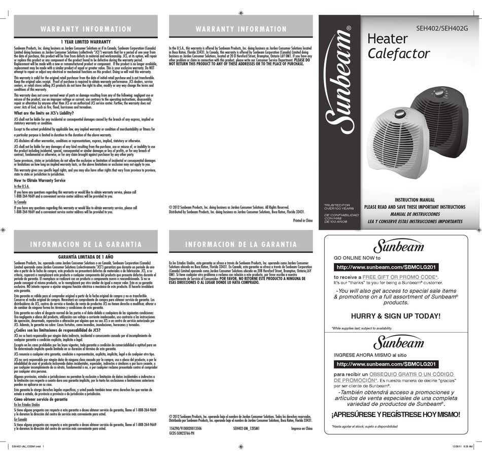 SUNBEAM CALEFACTOR SEH402 INSTRUCTION MANUAL Pdf Download | ManualsLib