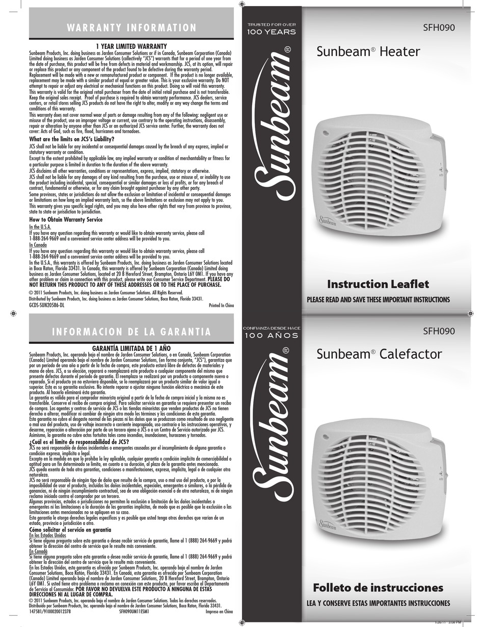 SUNBEAM SFH090 INSTRUCTION LEAFLET Pdf Download | ManualsLib