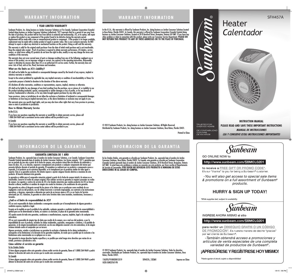 SUNBEAM CALENTADOR SFH457A INSTRUCTION MANUAL Pdf Download | ManualsLib